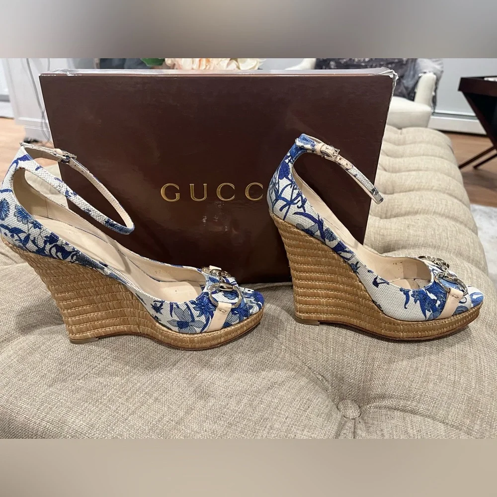 Gucci Blue and White Floral Wedge Sandals with Ankle Strap